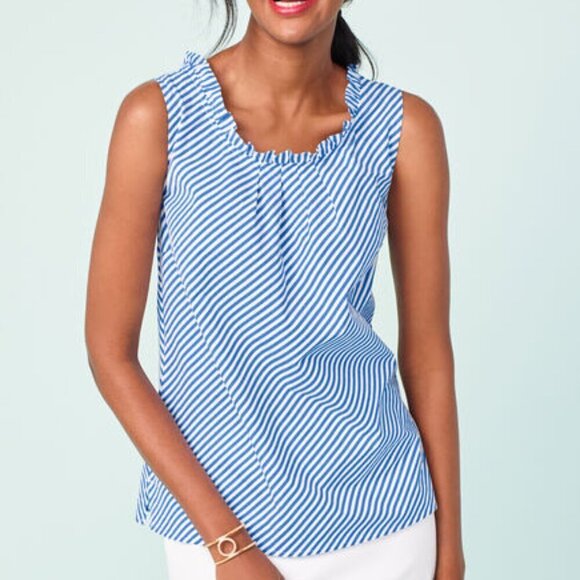 Talbots Sea Breeze Ruffle Neck Shell Blue White Nautical Stripe Tank Top sz XL - Picture 1 of 12